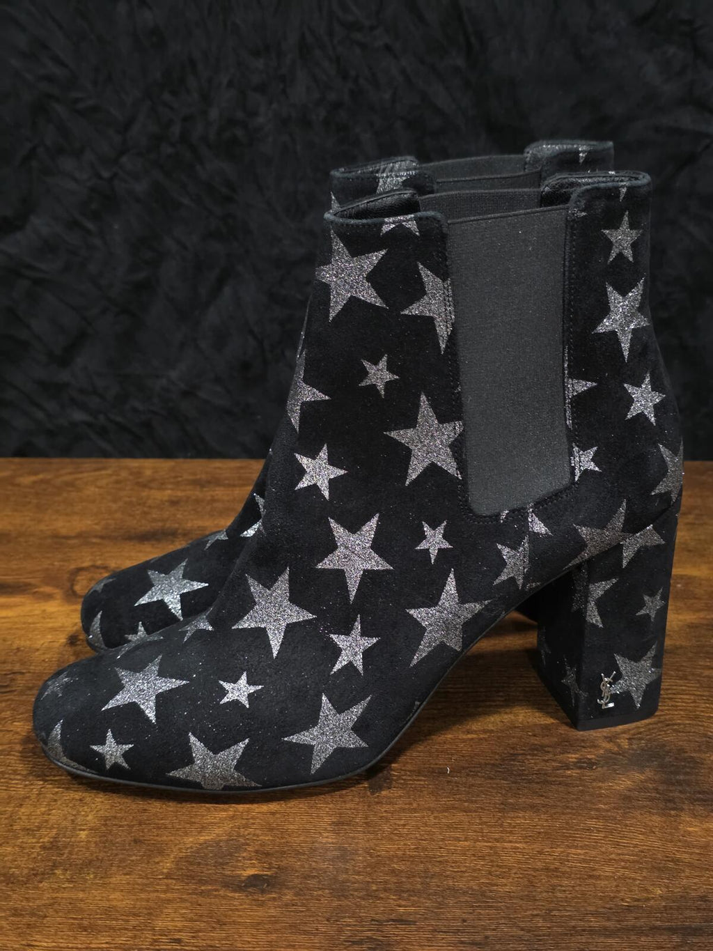 Yves Saint Laurent Paris Silver Star Black Suede Ankle Boot YSL EU38 US8 Italy