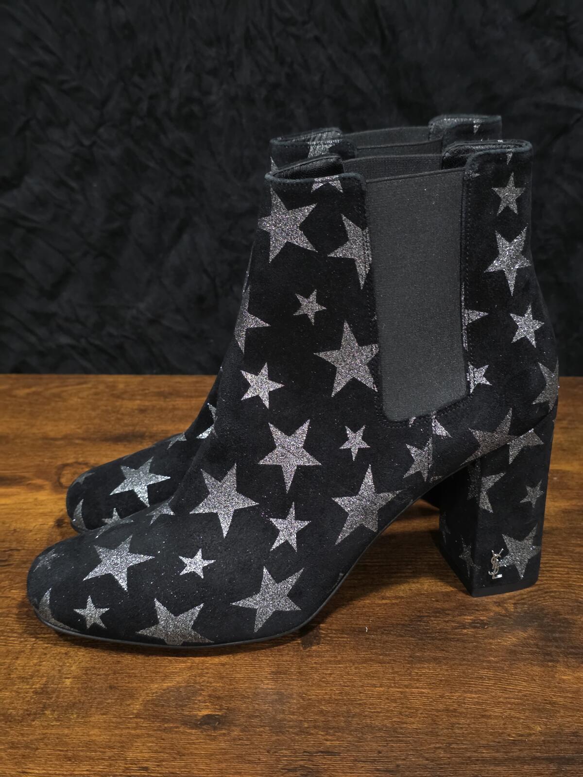 Yves Saint Laurent Paris Silver Star Black Suede Ankle Boot YSL EU38 US8 Italy