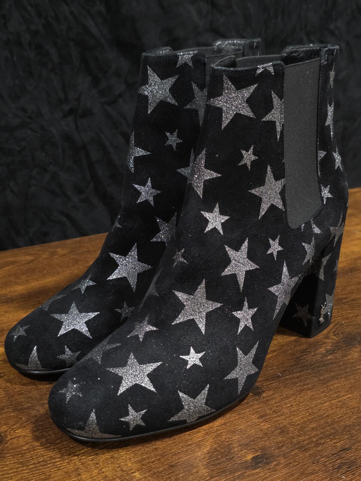 Yves Saint Laurent Paris Silver Star Black Suede Ankle Boot YSL EU38 US8 Italy