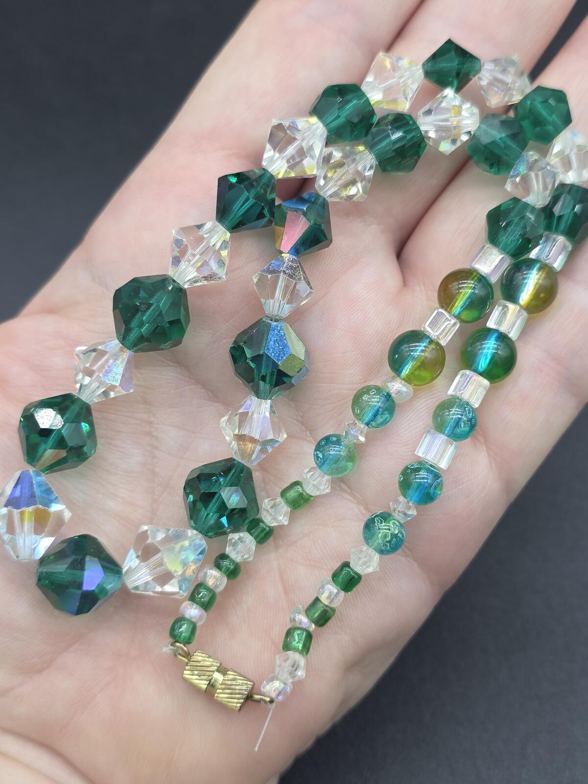 Vintage Austrian Crystal Necklace, Emerald & Forest Green Sparkling AB Beads