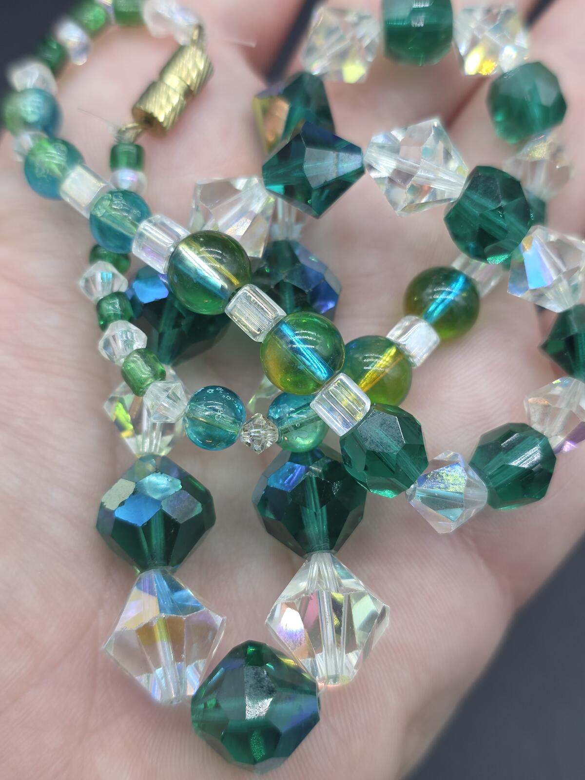 Vintage Austrian Crystal Necklace, Emerald & Forest Green Sparkling AB Beads