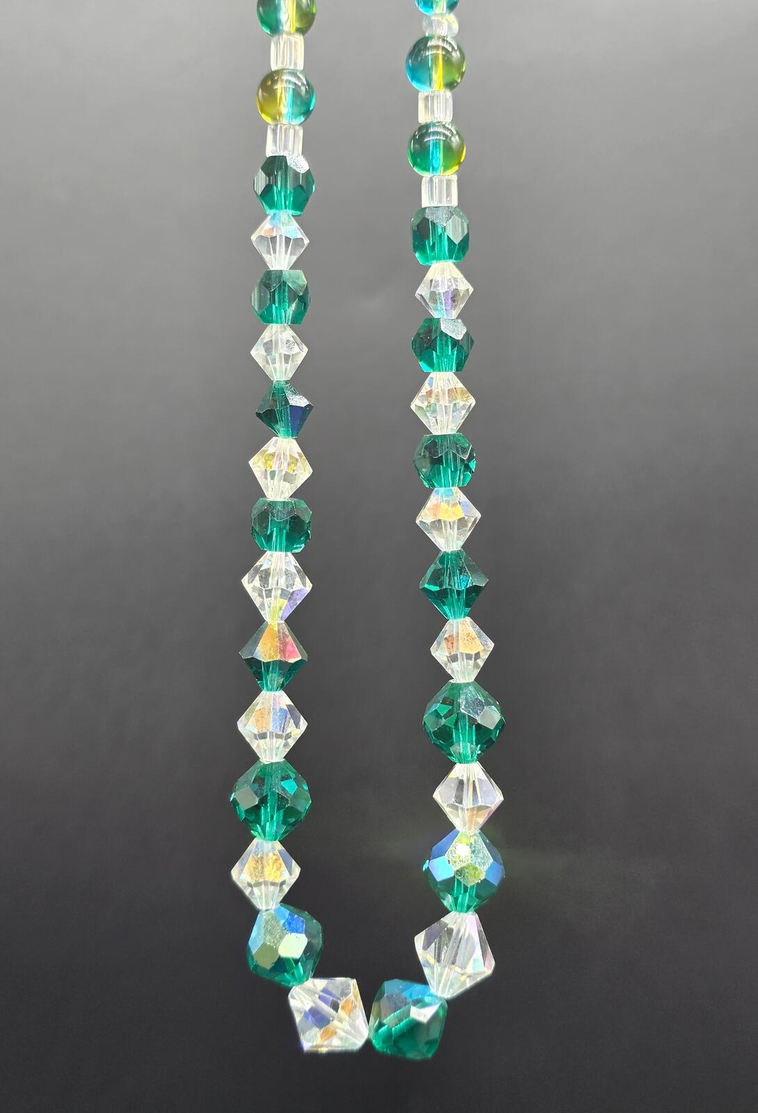 Vintage Austrian Crystal Necklace, Emerald & Forest Green Sparkling AB Beads