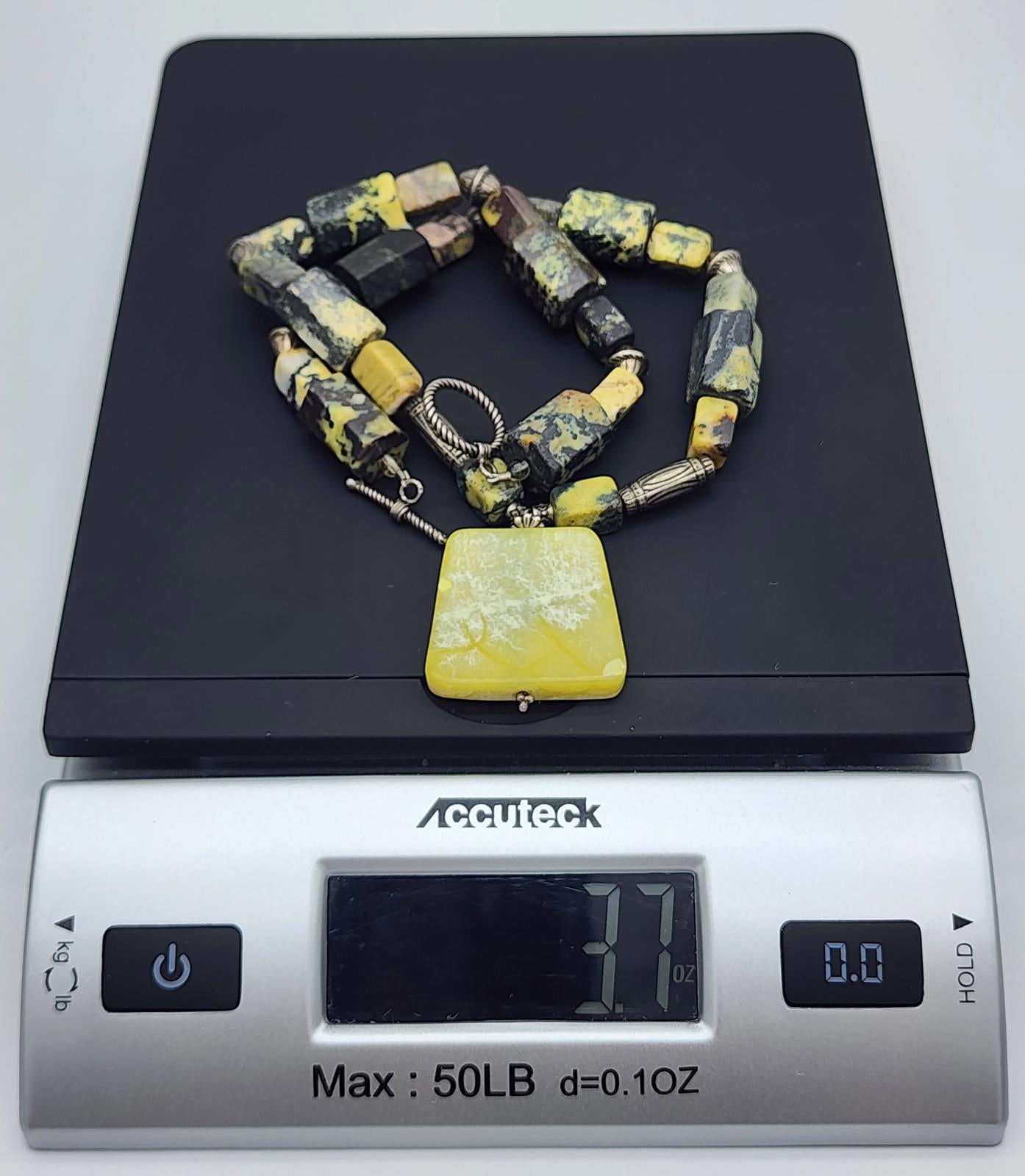 Yellow Turquoise Yellow Jade Pendant Necklace 21" Black Matrix Southwest Heavy