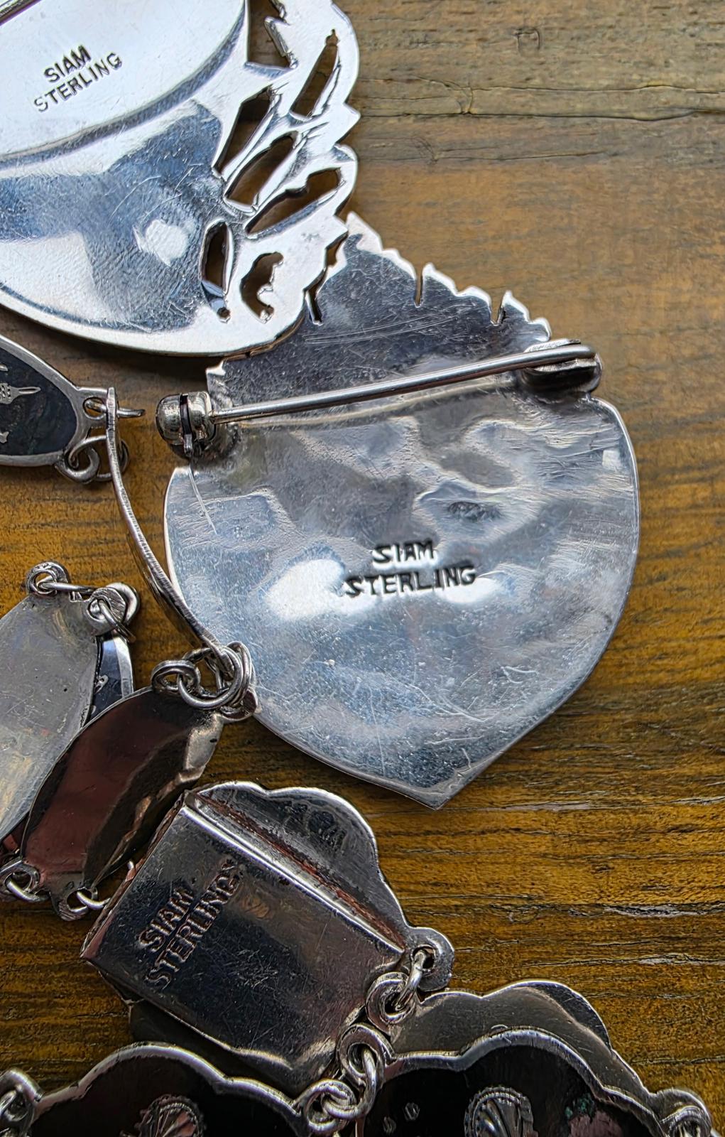 Vintage Siam Sterling Silver Niello Set 7pc 60g Thai Dancers Bracelets Pins