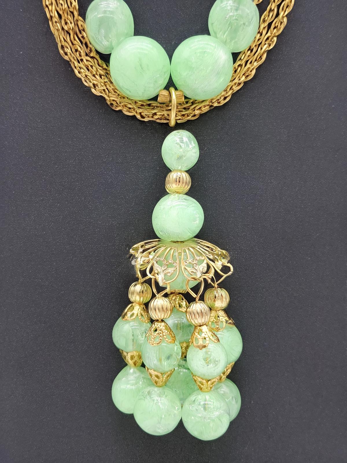 Lucite Peking Glass Style Jade Green & Gold Tone Necklace Lavalier Pendant