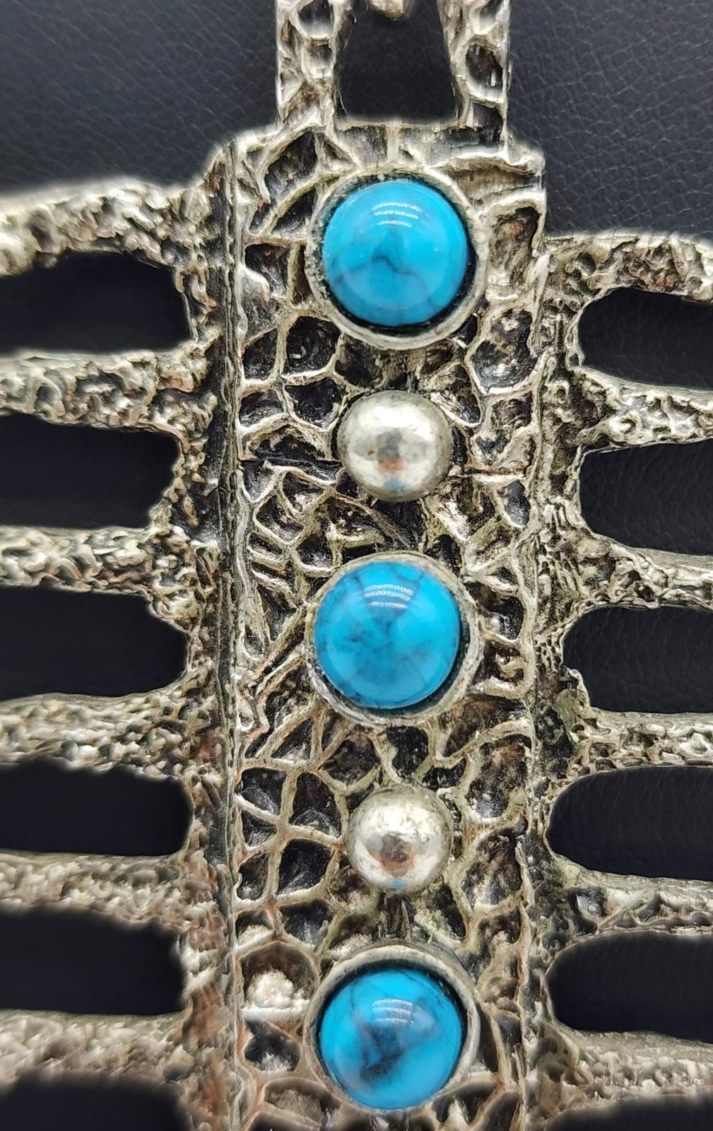 Vintage HMS Madeira Brutalist “Drippy” Pewter & Turquoise Pendant Necklace 1960s