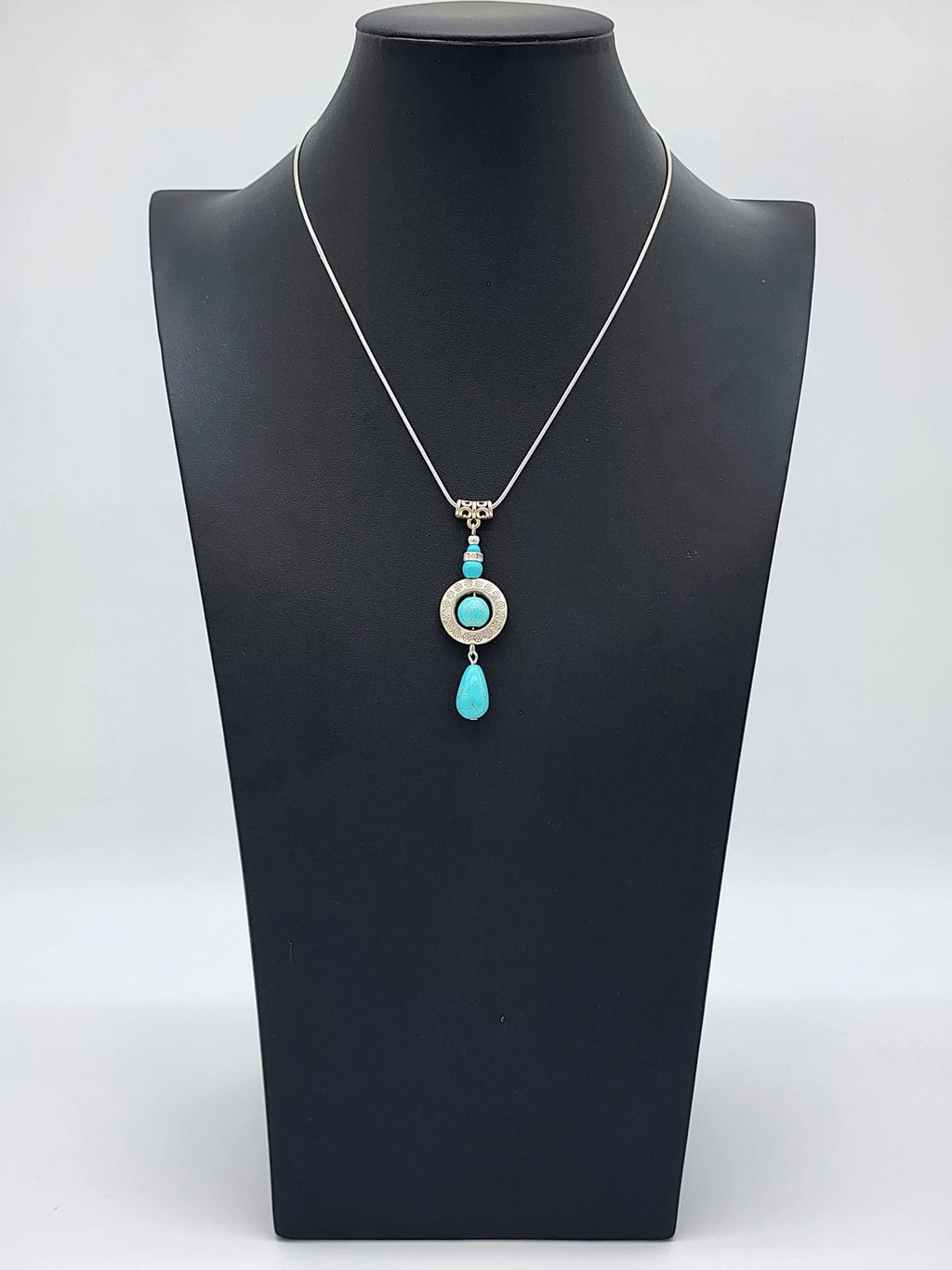 Boho Turquoise Teardrop Pendant Necklace Silver Tone Chain Southwest Jewelry