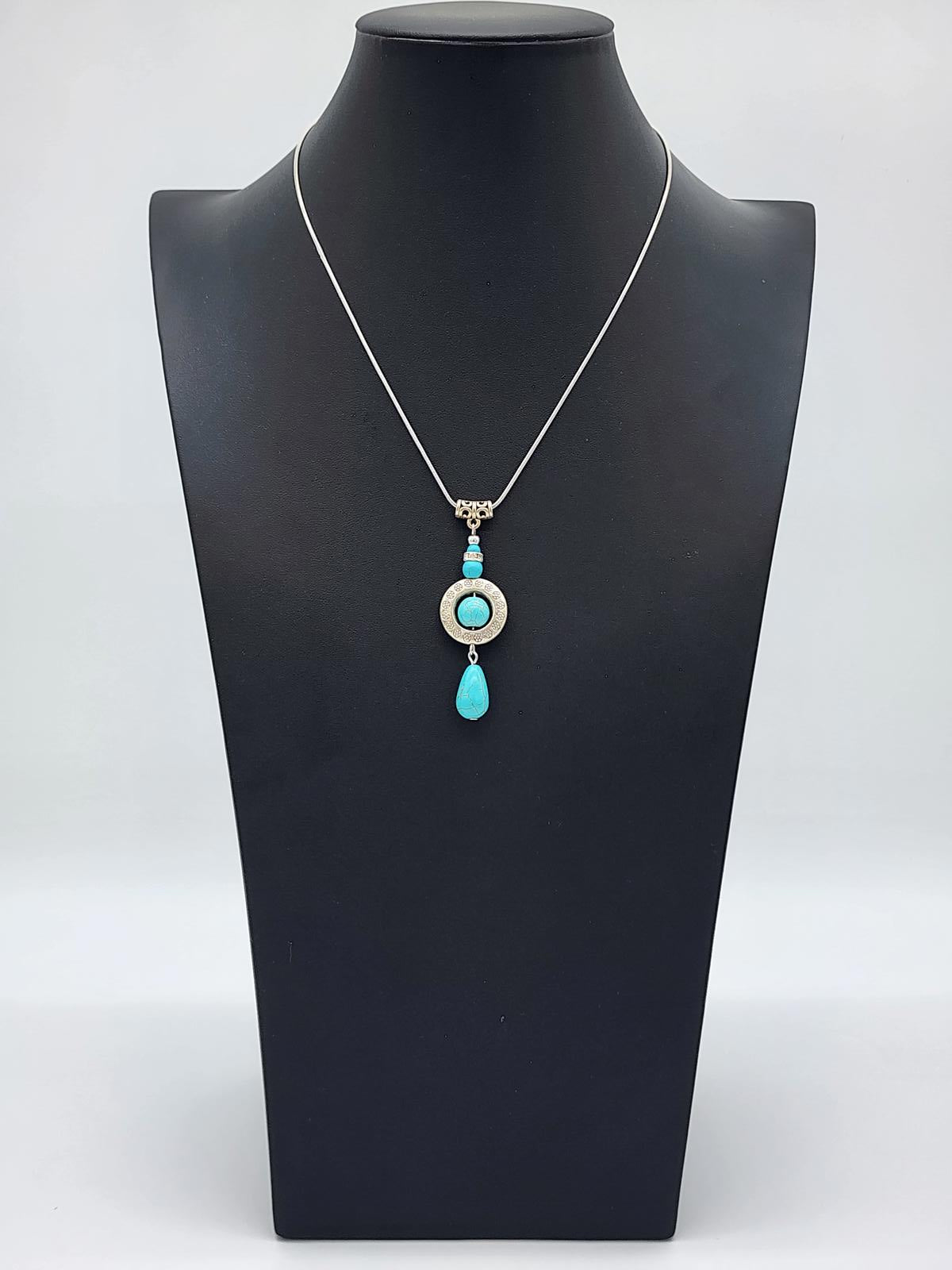 Boho Turquoise Teardrop Pendant Necklace Silver Tone Chain Southwest Jewelry