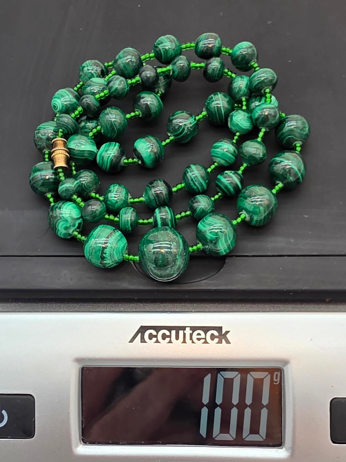 Vintage Natural Malachite Graduated Bead Necklace 26" Green Glass Spacers 100g