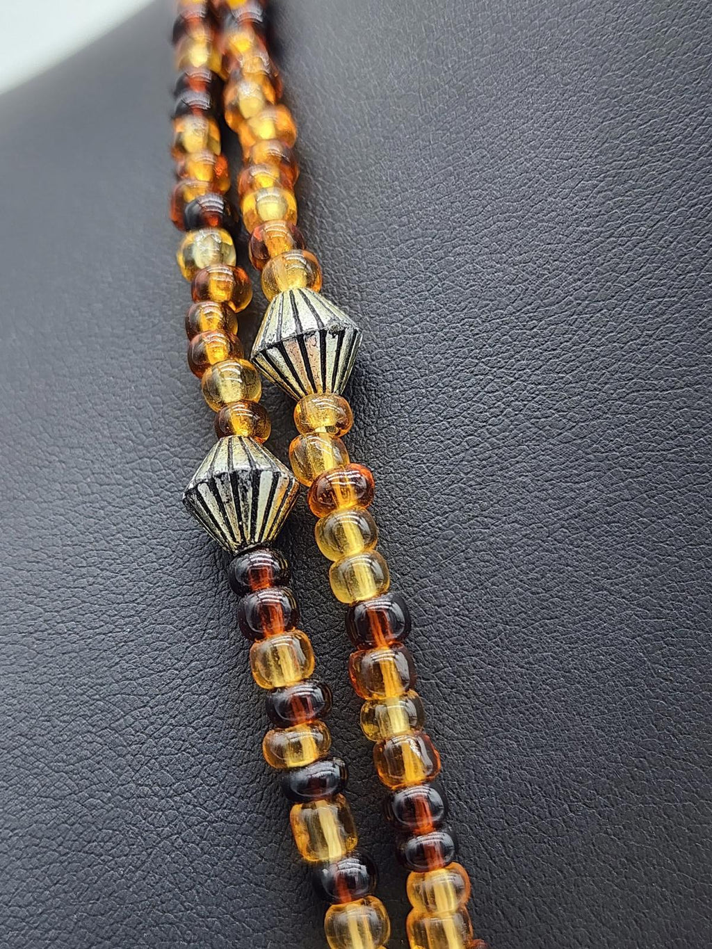 Amber Glass Necklace 41" Cognac Honey Multistrand Opera Length Beads Boho