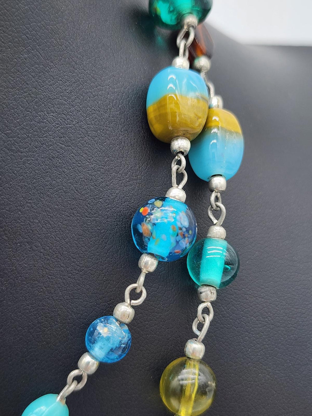 Artisan Lampwork Glass Necklace Murano Style Aqua Teal Blue Y2K Frit Beads