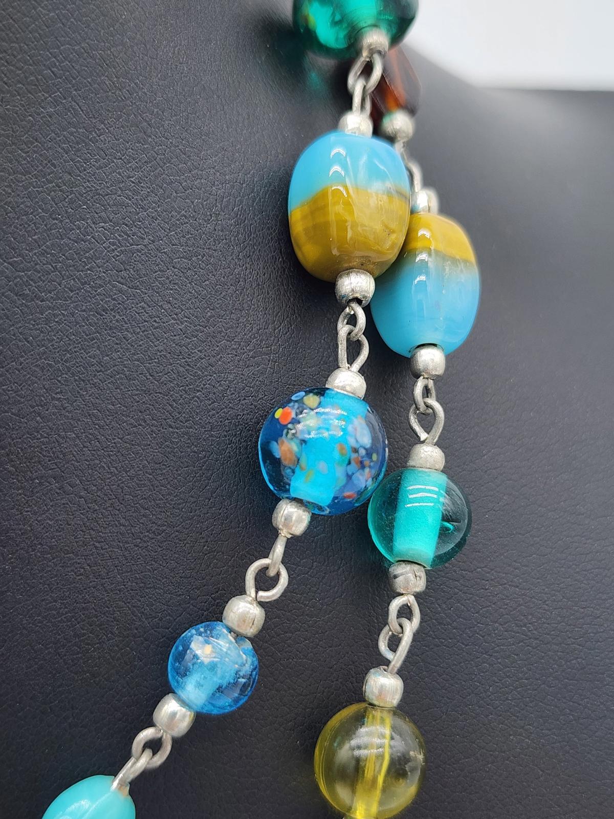 Artisan Lampwork Glass Necklace Murano Style Aqua Teal Blue Y2K Frit Beads