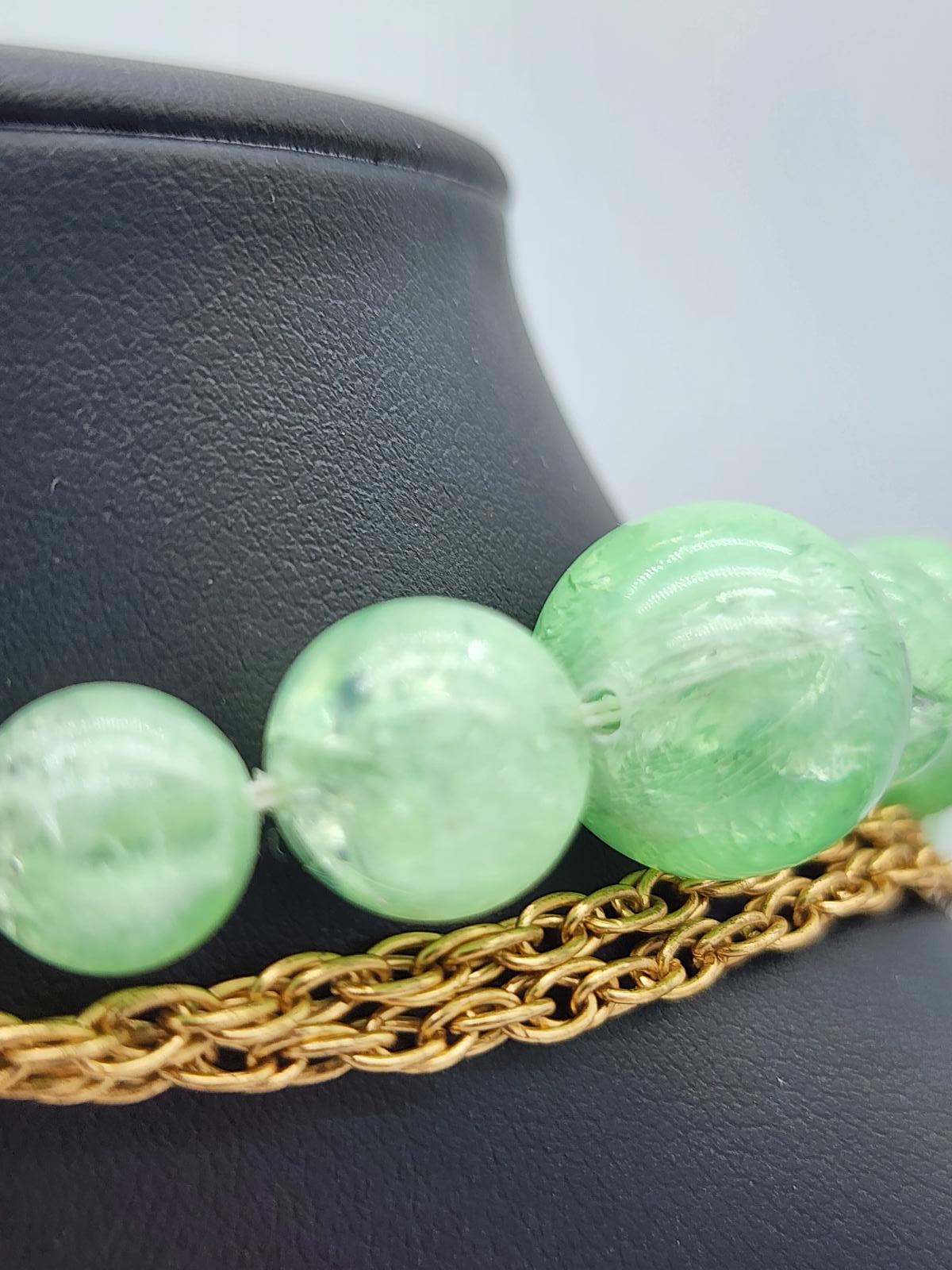 Lucite Peking Glass Style Jade Green & Gold Tone Necklace Lavalier Pendant
