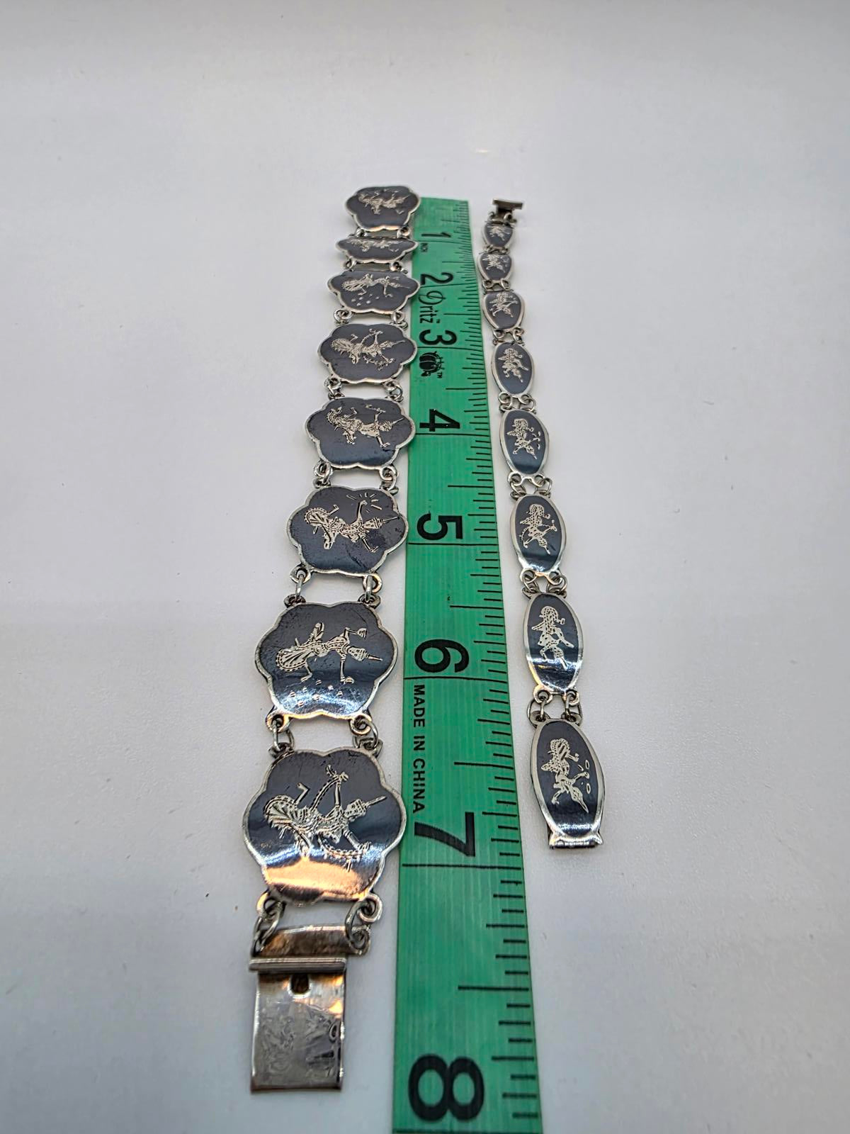 Vintage Siam Sterling Silver Niello Set 7pc 60g Thai Dancers Bracelets Pins