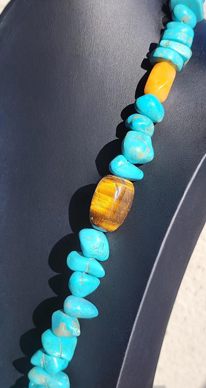 Genuine Chunky Turquoise Southwest Necklace Silver 925 w Tiger’s Eye 284g