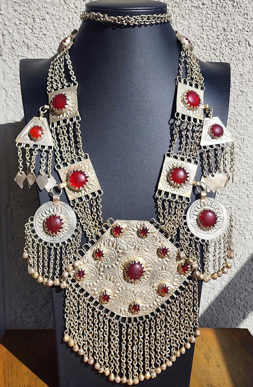 Vintage Turkmen Tribal Silver Carnelian Necklace 344g 11 Pendants Afghan Kuchi