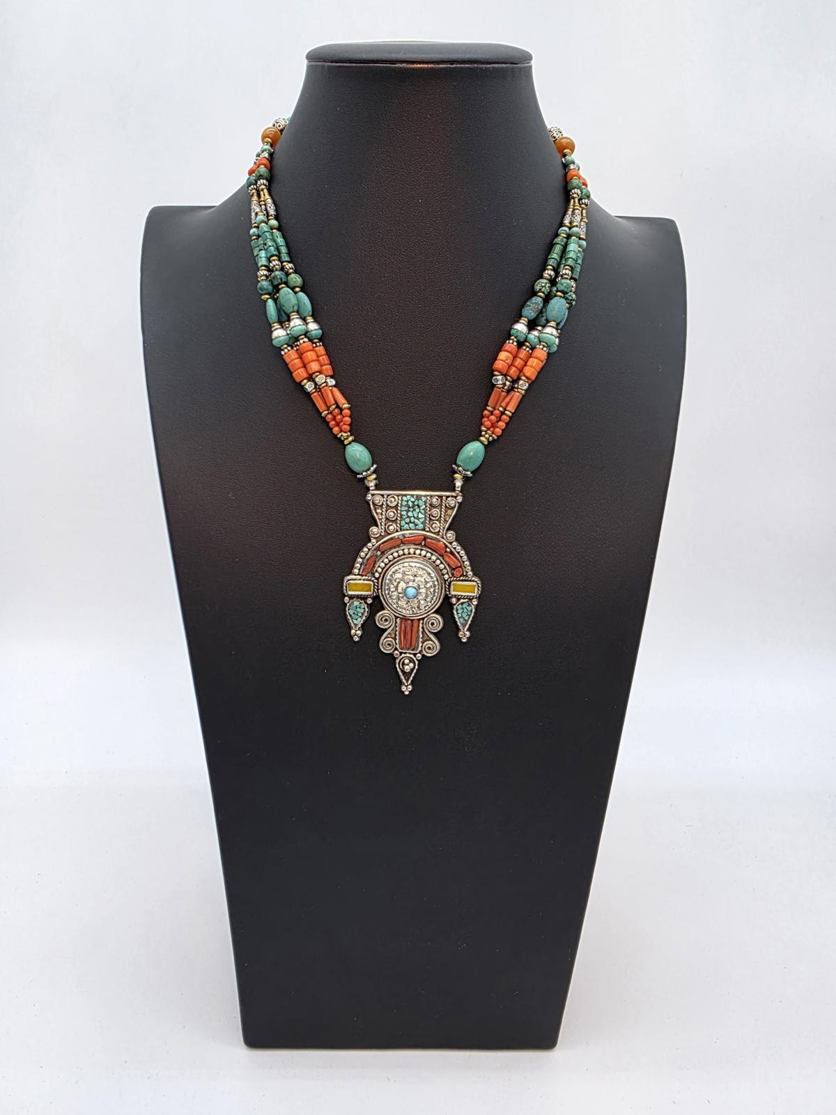 Vintage Tibetan Nepalese Turquoise Coral Silver Pendant Necklace Himalayan