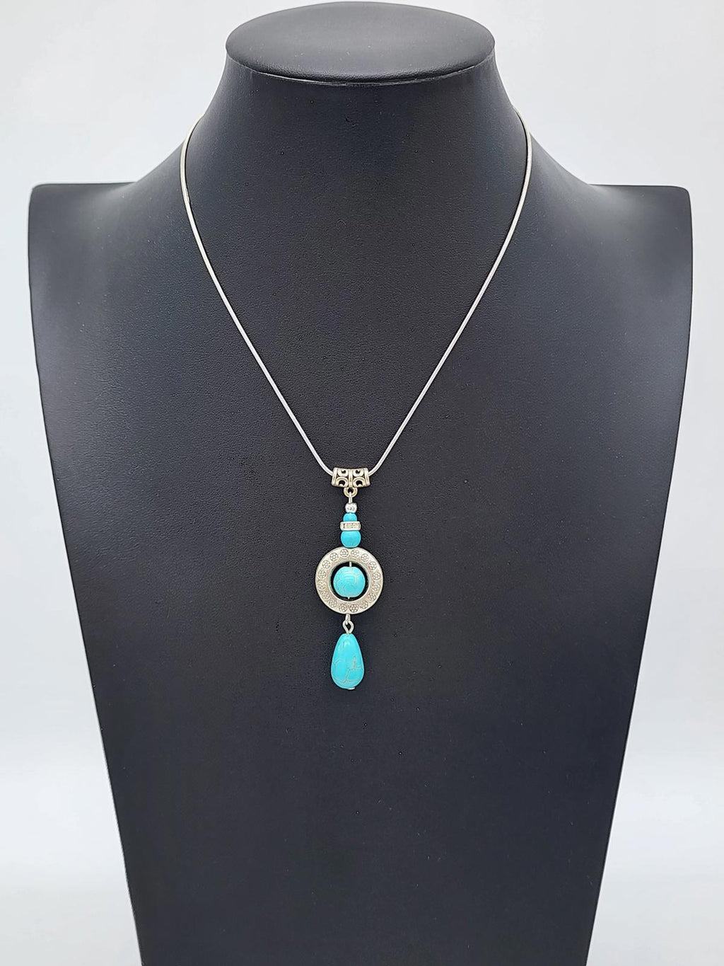 Boho Turquoise Teardrop Pendant Necklace Silver Tone Chain Southwest Jewelry