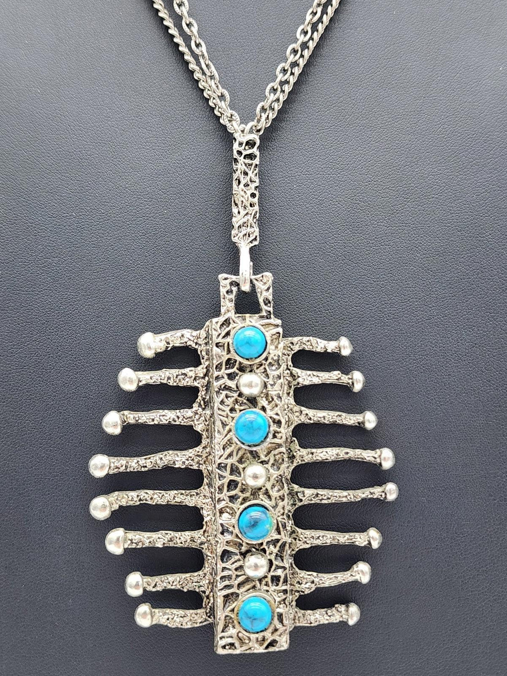 Vintage HMS Madeira Brutalist “Drippy” Pewter & Turquoise Pendant Necklace 1960s