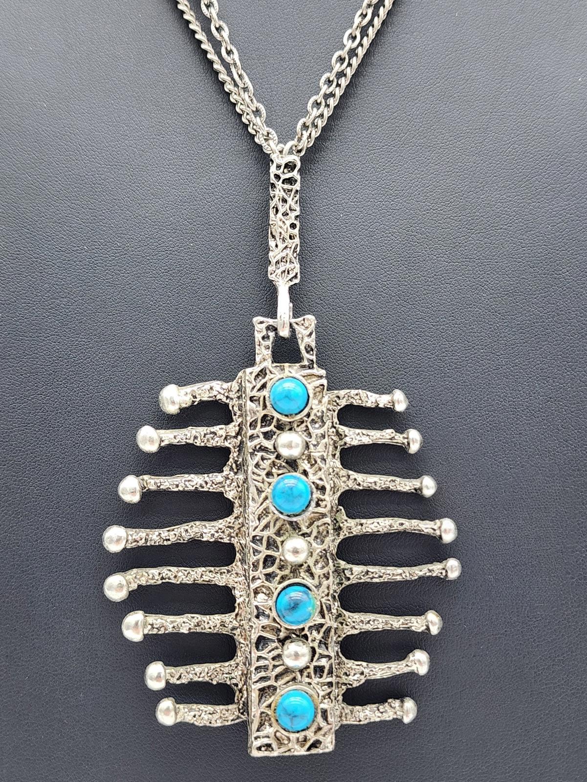 Vintage HMS Madeira Brutalist “Drippy” Pewter & Turquoise Pendant Necklace 1960s