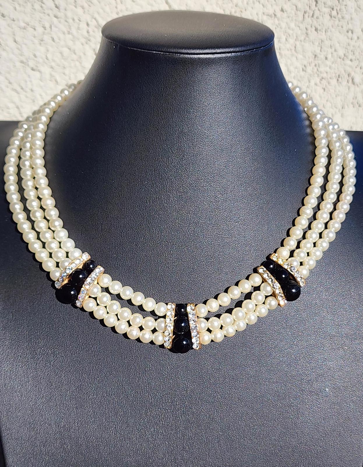 Vintage 3 Strand Pearl Necklace | Mid-Century Black Cabochon & Rhinestone Choker