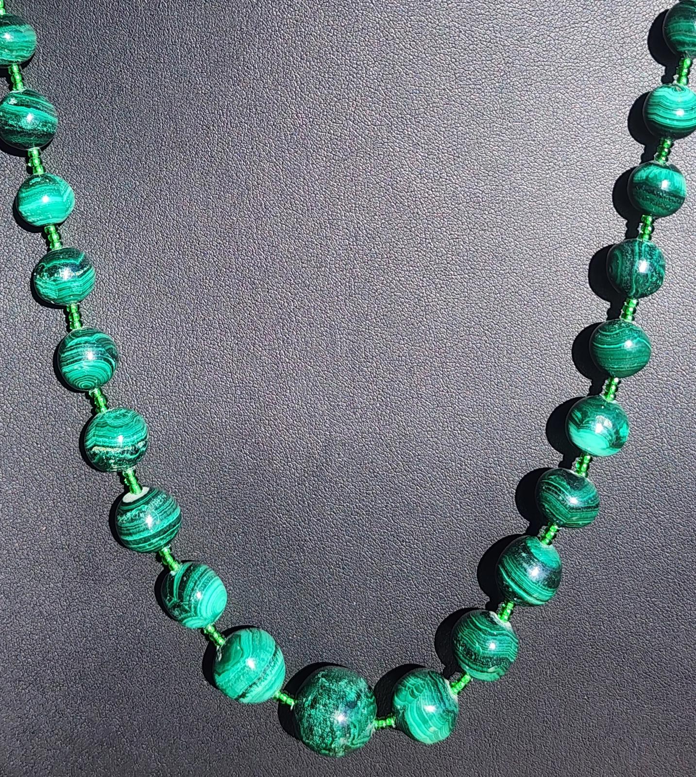 Vtg Natural Malachite Graduated Bead Necklace Deep Emerald Swirling Pattern 100g