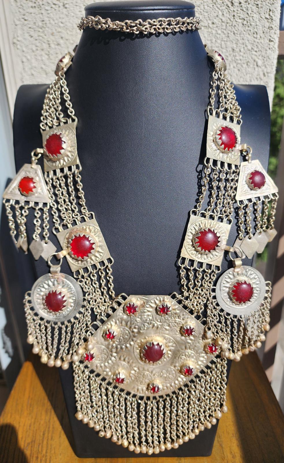 Vintage Turkmen Tribal Silver Carnelian Necklace 344g 11 Pendants Afghan Kuchi