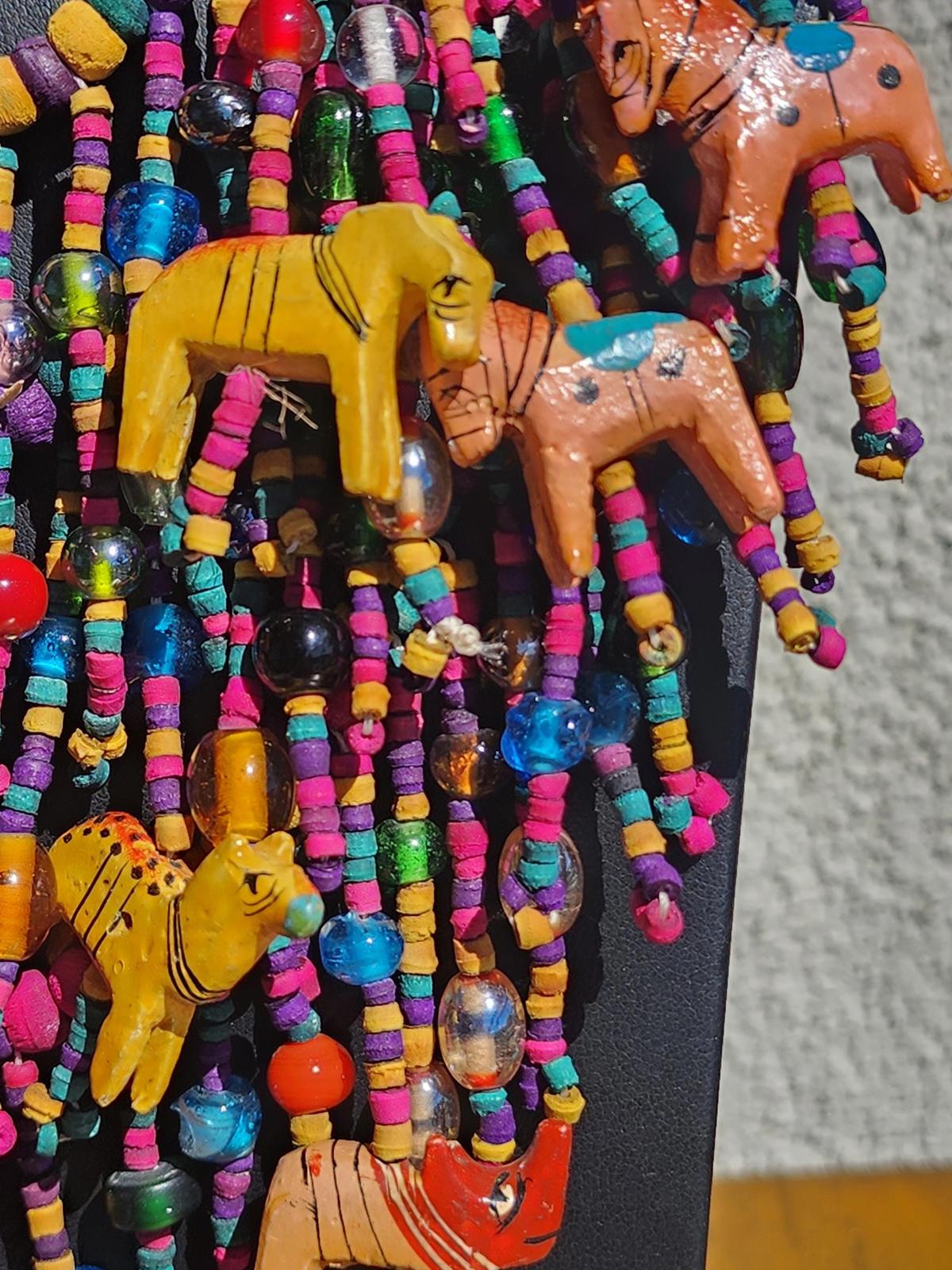 Massive Vintage Nepal Animal & Rainbow Colored Glass Bead Multistrand Necklace