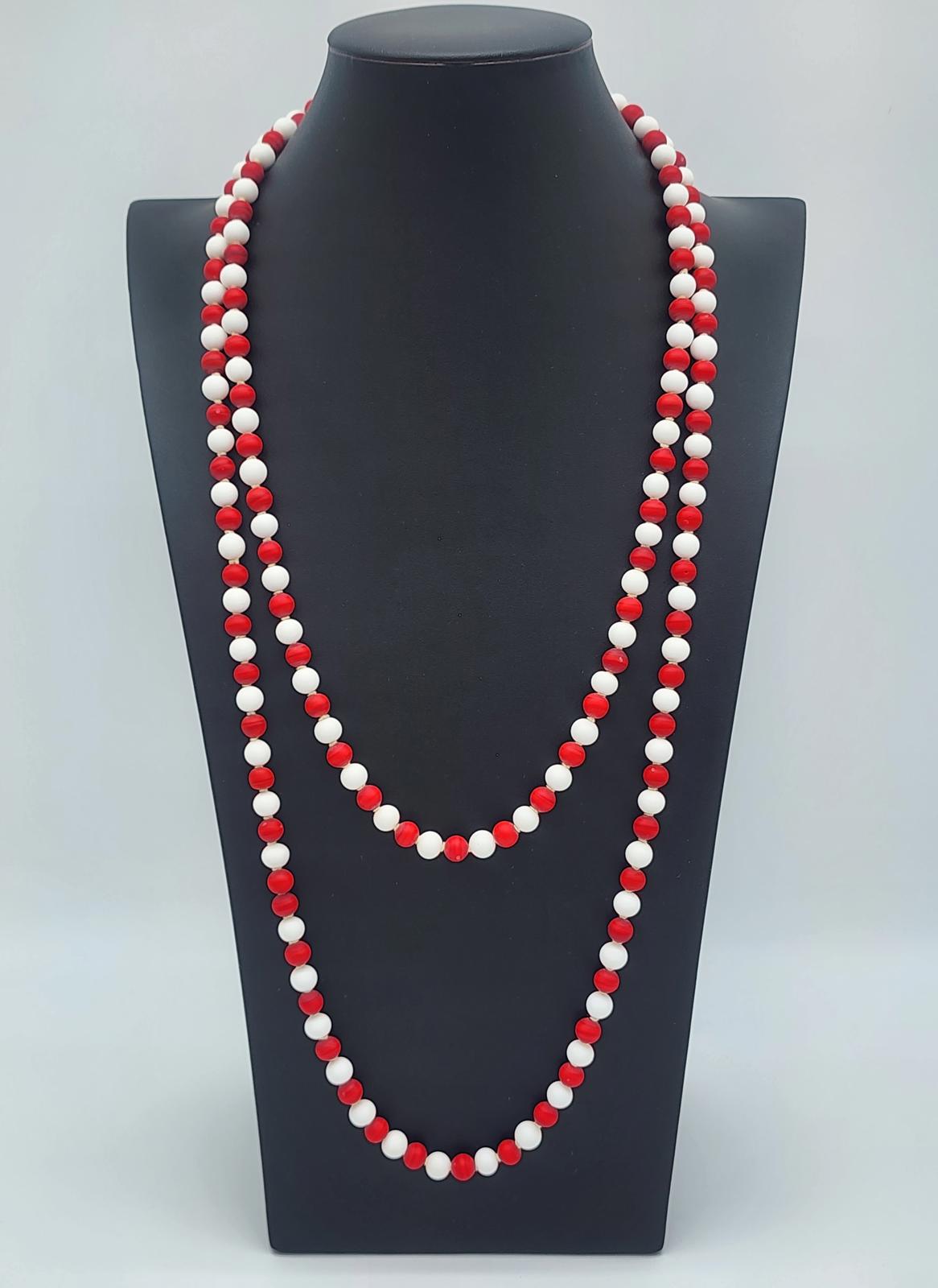 Vintage Marked Japan Cherry Swirl Glass Necklace | UV Reactive 62" Cadmium 1950s