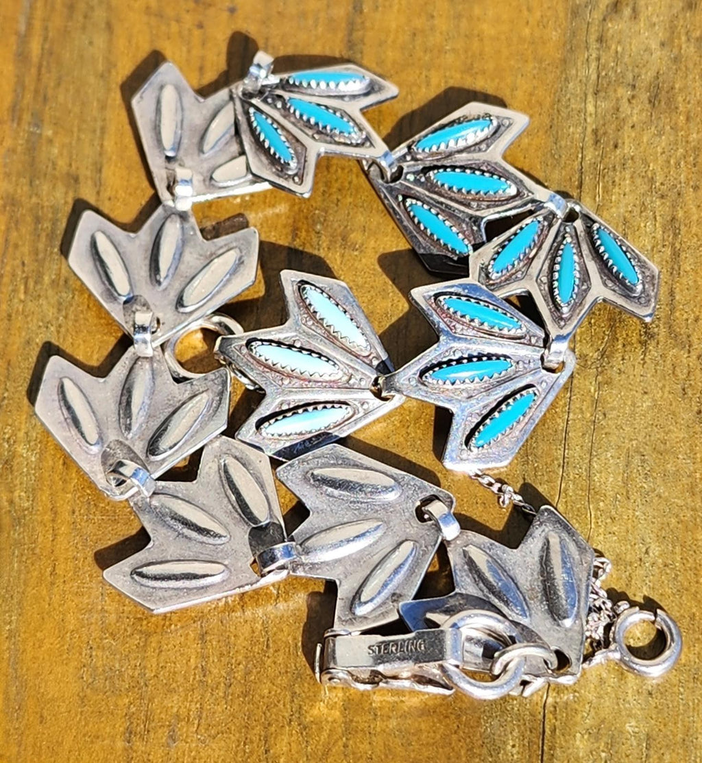 Vintage Zuni Sterling Turquoise Inlay Leaf Link Bracelet Genuine Navajo Silver