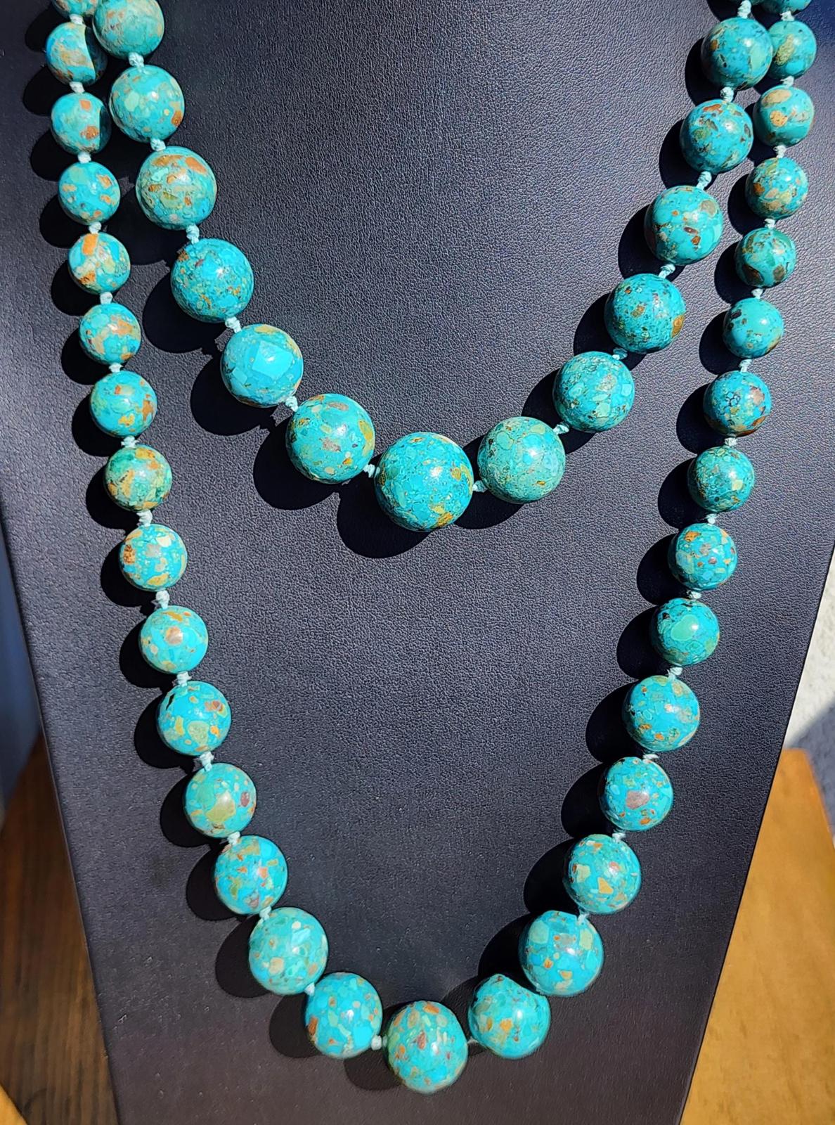 2x Turquoise Necklaces 925 Silver Mosaic Bead Hand Knotted Bundle 236g 28" & 18"