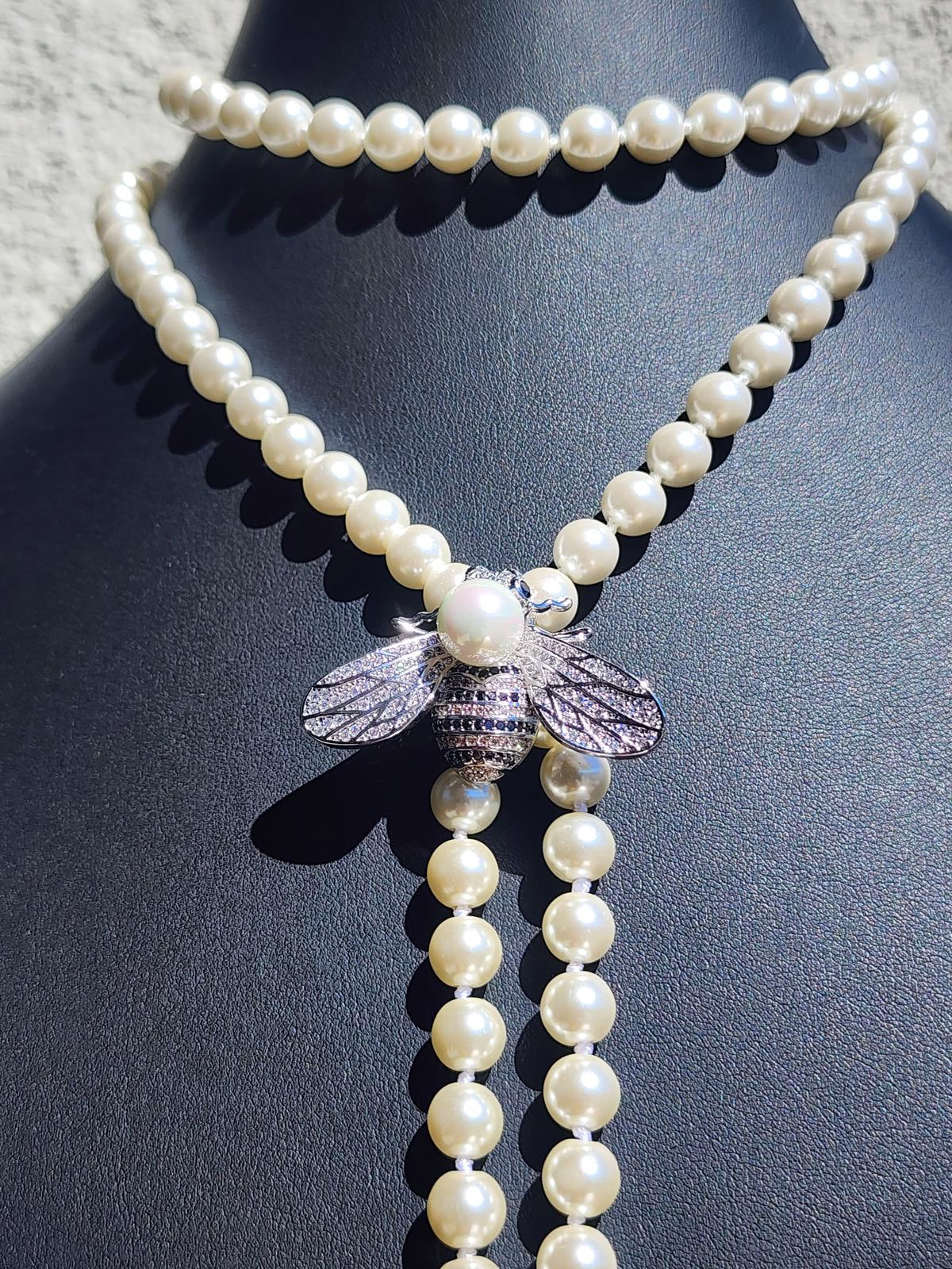 Pearl Necklace with Bumblebee Pendant | Statement Bee Lariat | Couture Inspired