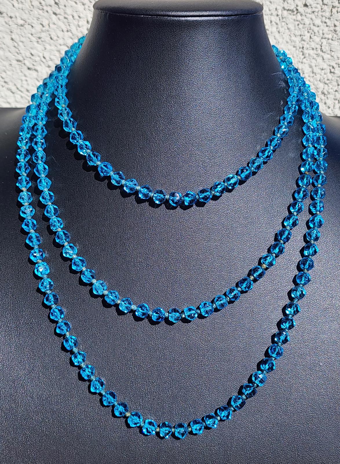Rare Blue Uranium Glass Necklace 56" Flapper UV Czech 1920s Hand Knotted Beads