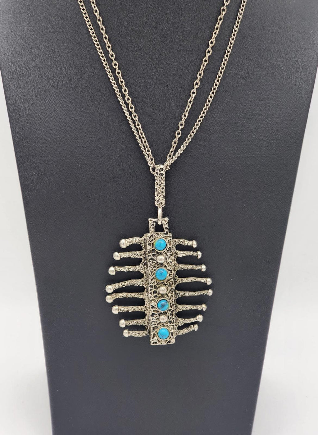 Vintage HMS Madeira Brutalist “Drippy” Pewter & Turquoise Pendant Necklace 1960s