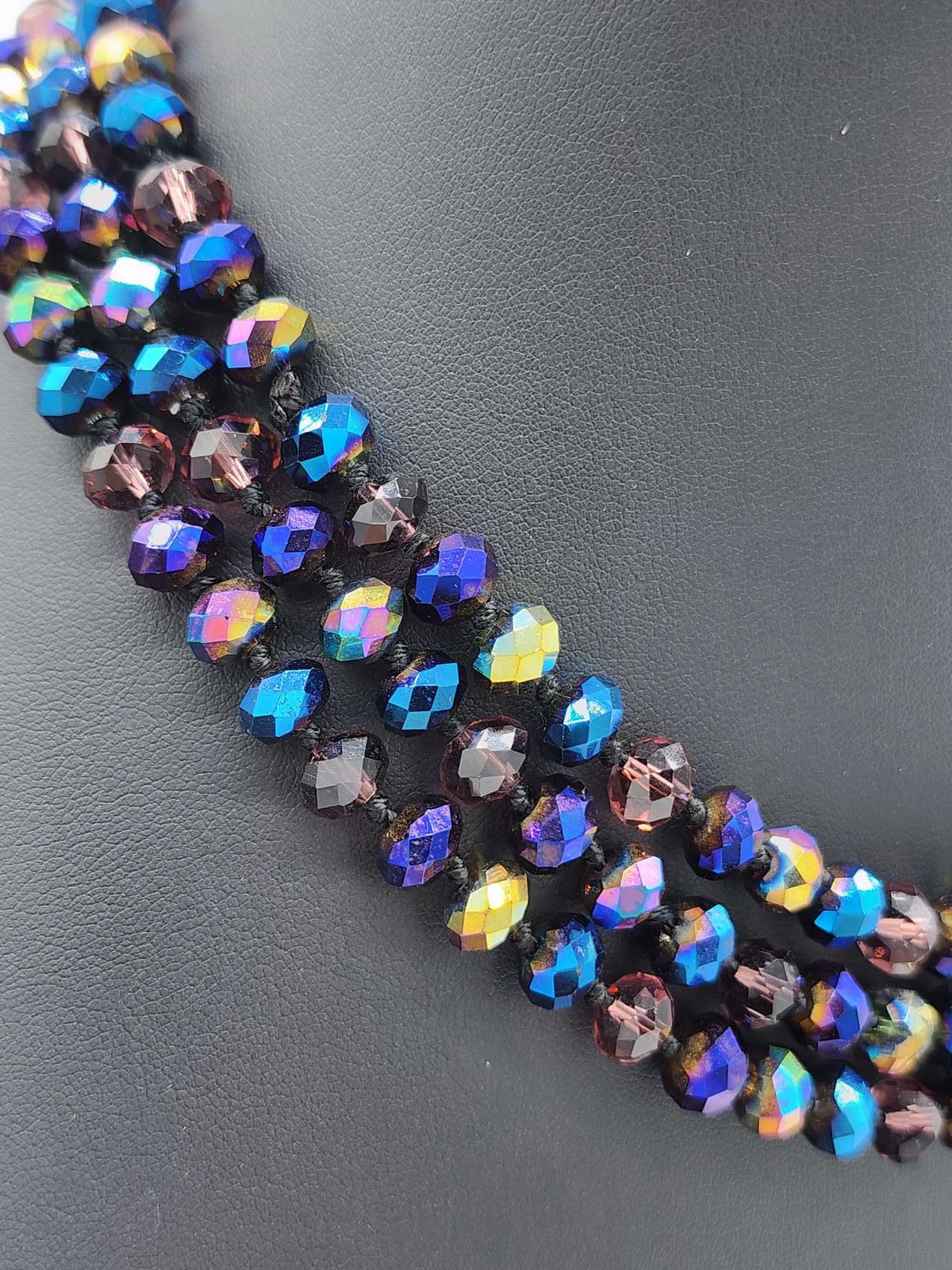 Vintage AB Glass Bead Necklace | Hand-Knotted Purple Blue Czech Style 26"