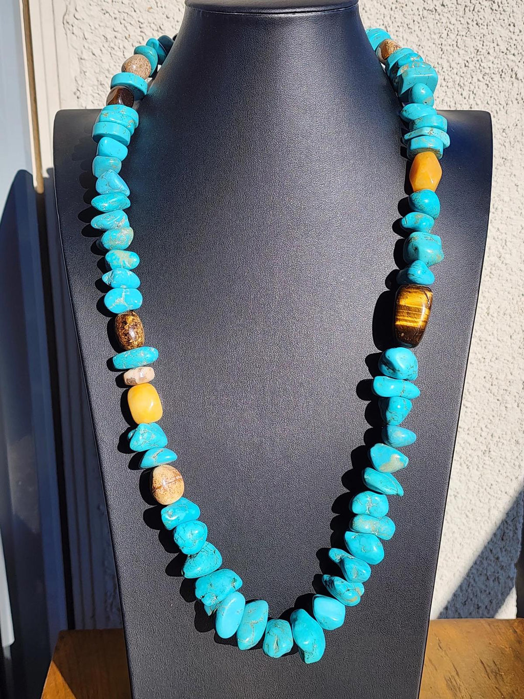 Genuine Chunky Turquoise Southwest Necklace Silver 925 w Tiger’s Eye 284g
