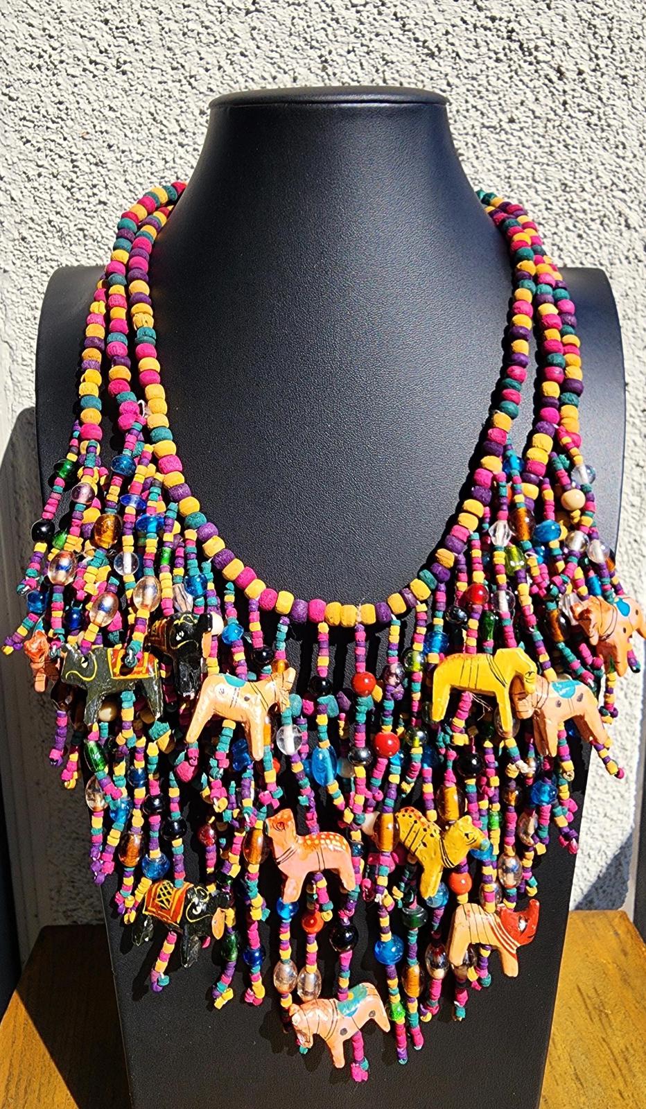 Massive Vintage Nepal Animal & Rainbow Colored Glass Bead Multistrand Necklace