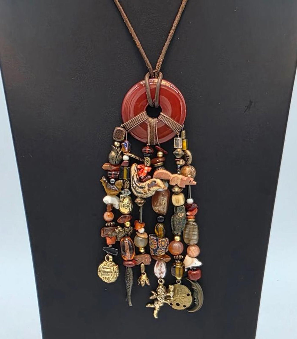 Millefiori Trade Beads Gemstones Hand Carved Animal & Carnelian Pendant Necklace