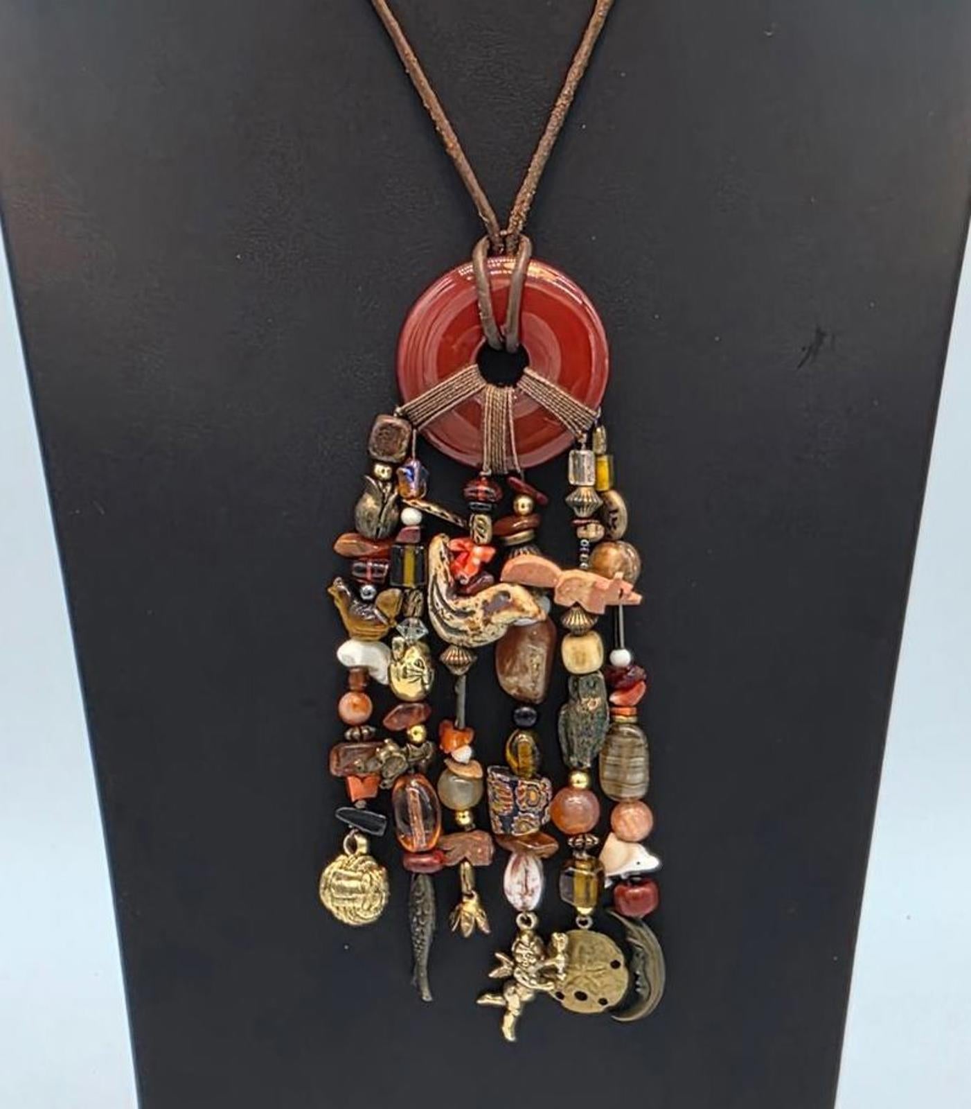 Millefiori Trade Beads Gemstones Hand Carved Animal & Carnelian Pendant Necklace