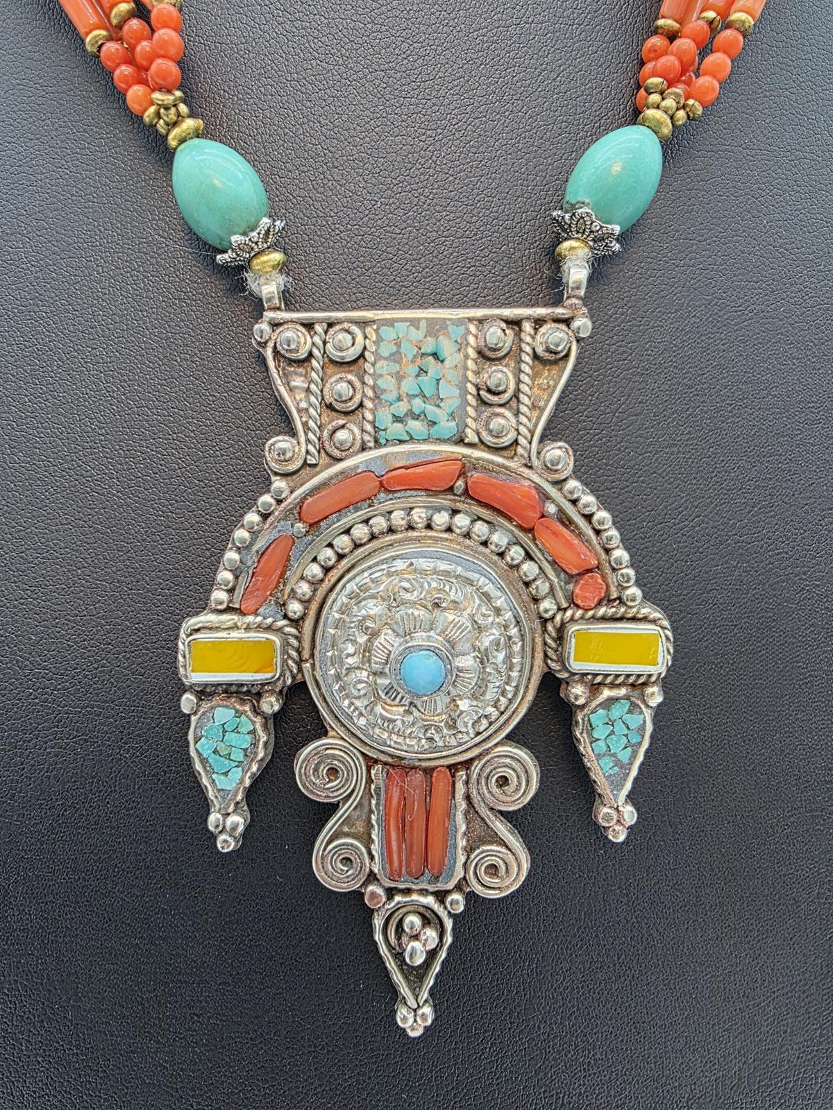 Vintage Tibetan Nepalese Turquoise Coral Silver Pendant Necklace Himalayan