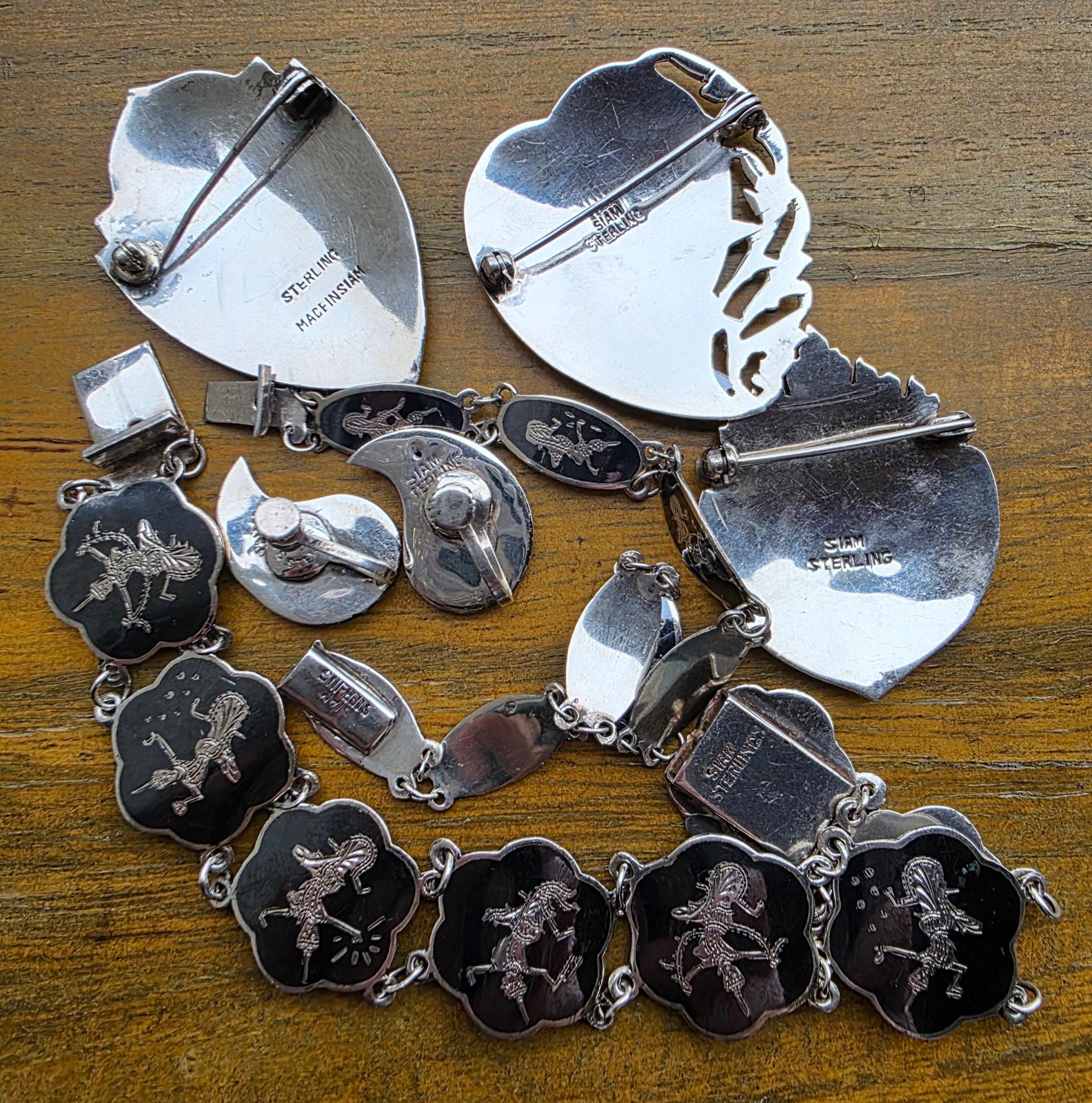 Vintage Siam Sterling Silver Niello Set 7pc 60g Thai Dancers Bracelets Pins