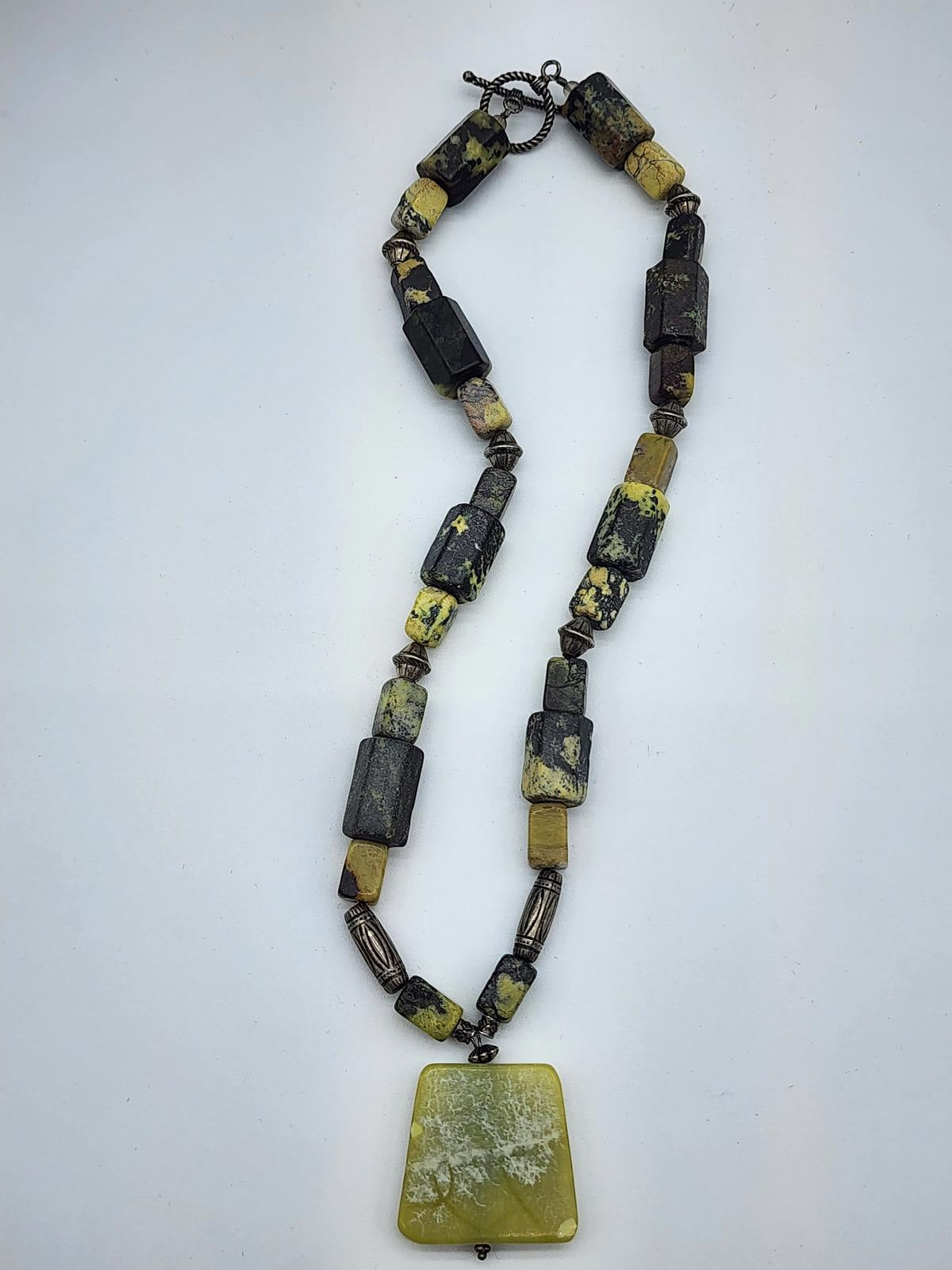 Yellow Turquoise Yellow Jade Pendant Necklace 21" Black Matrix Southwest Heavy