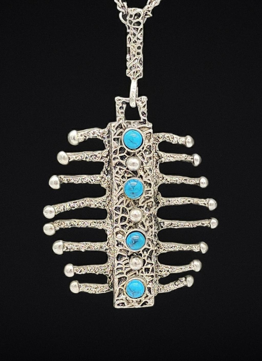 Vintage HMS Madeira Brutalist “Drippy” Pewter & Turquoise Pendant Necklace 1960s