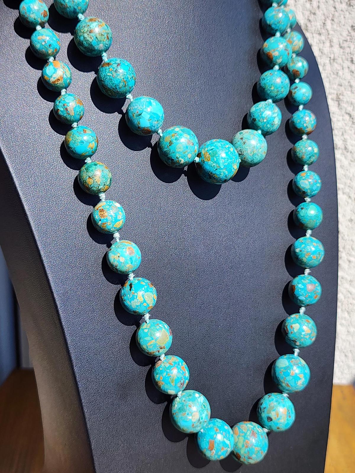 2x Turquoise Necklaces 925 Silver Mosaic Bead Hand Knotted Bundle 236g 28" & 18"