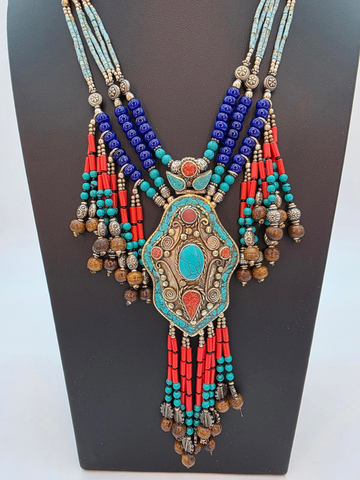 Vintage Tibetan Turquoise Coral Lapis Lazuli Silver Necklace Nepal Pendant