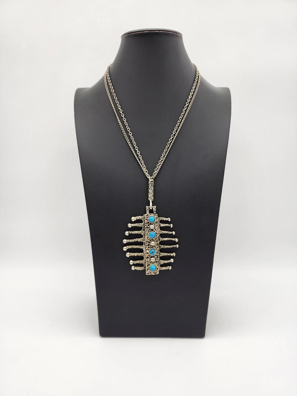 Vintage HMS Madeira Brutalist “Drippy” Pewter & Turquoise Pendant Necklace 1960s