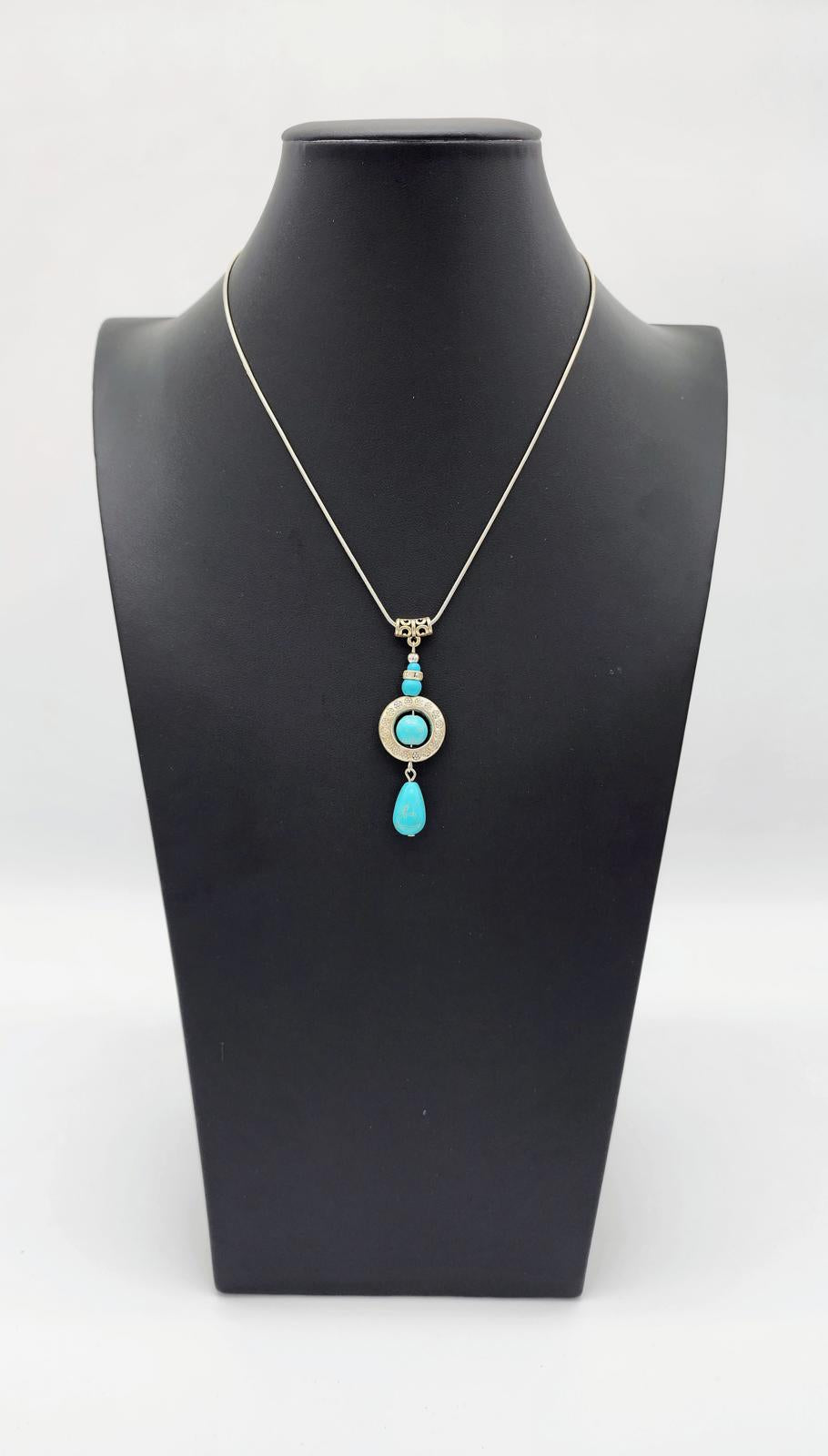 Boho Turquoise Teardrop Pendant Necklace Silver Tone Chain Southwest Jewelry