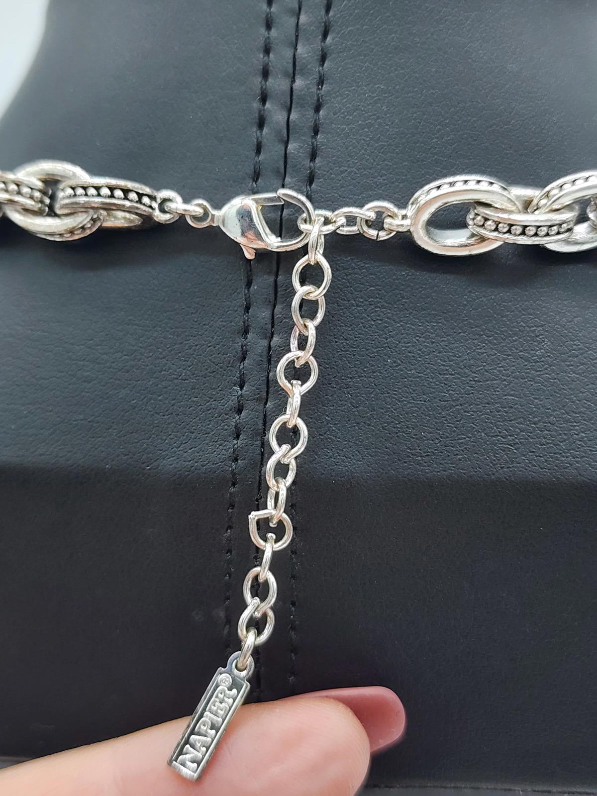 Vintage Marked Napier Silver Tone Beaded Link Chain Necklace 16–19" Adjustable