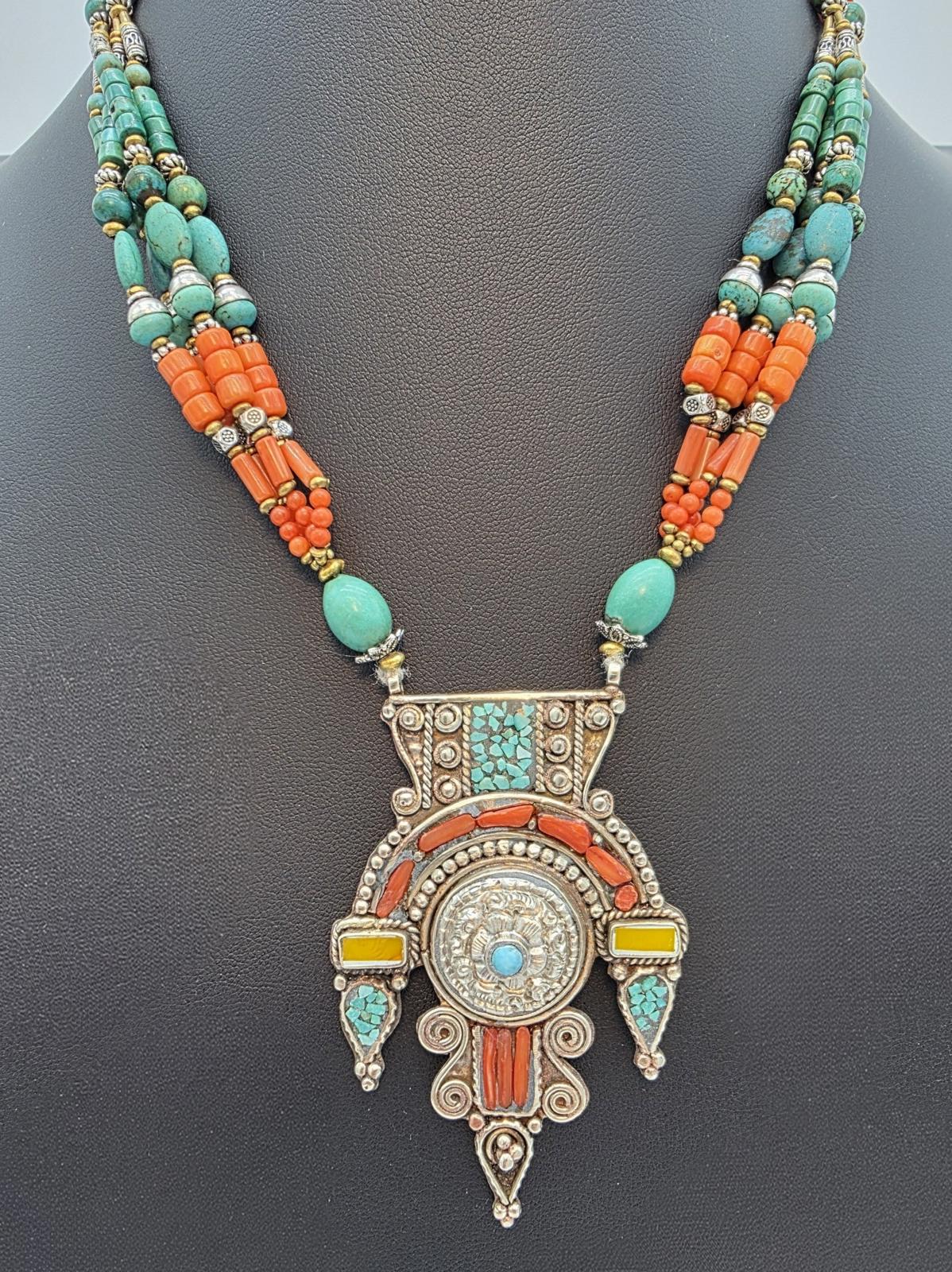 Vintage Tibetan Nepalese Turquoise Coral Silver Pendant Necklace Himalayan