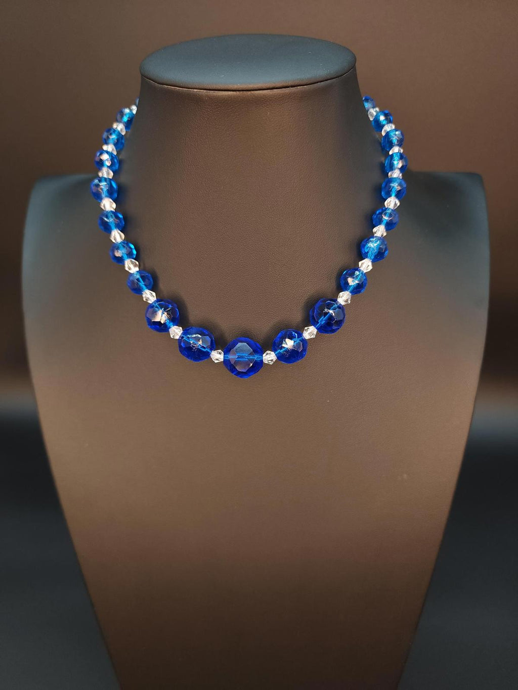 Vintage Cobalt Blue Uranium Czech Glass Necklace: Czechoslovakia Marked Clasp